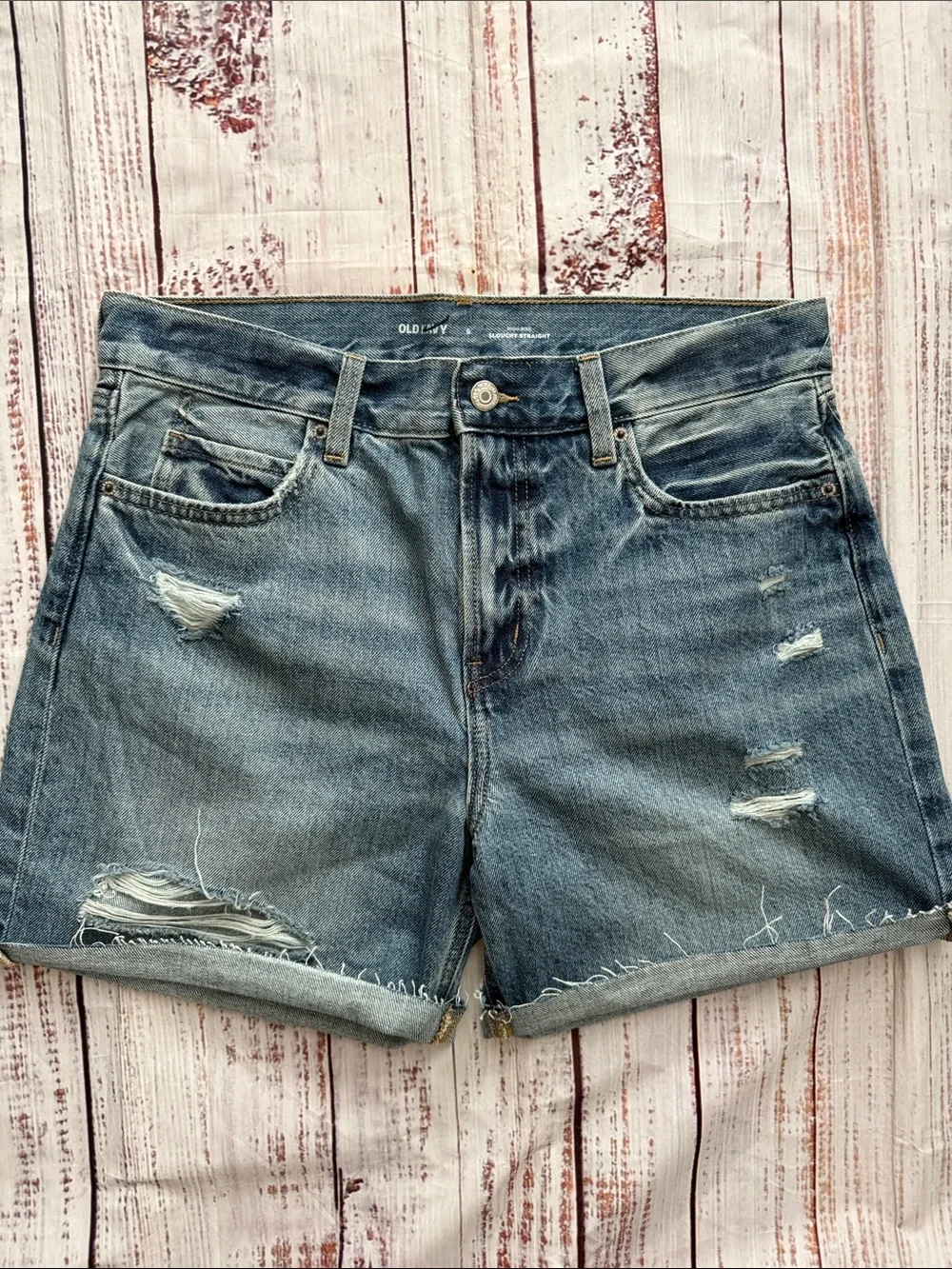 Old Navy High Rise Slouchy Straight Distressed Denim Long Cutoff Shorts 6 NWOT